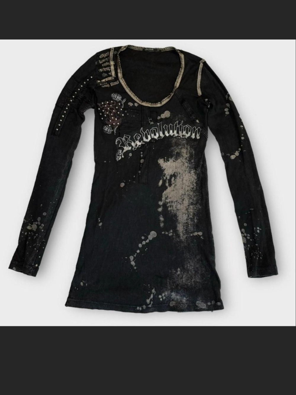 Salvage Black Studded Graphic Long-Sleeve 'Revolution' Top. L